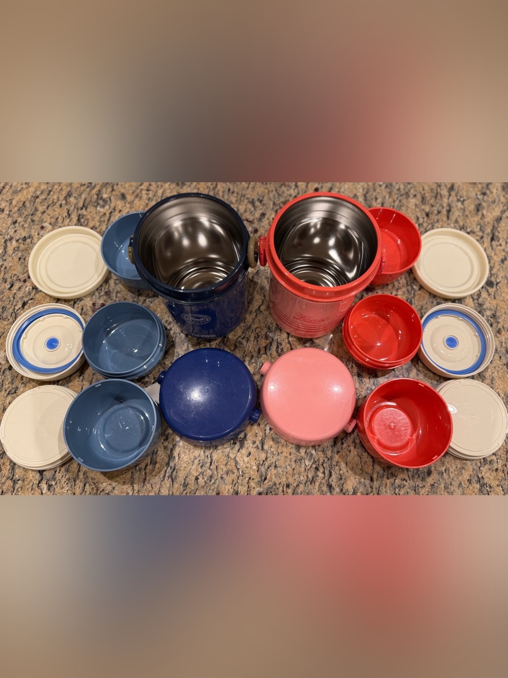 Thermos Insulated Stainless Steel Food Jars with Stackable Bowls - Blue & Pink